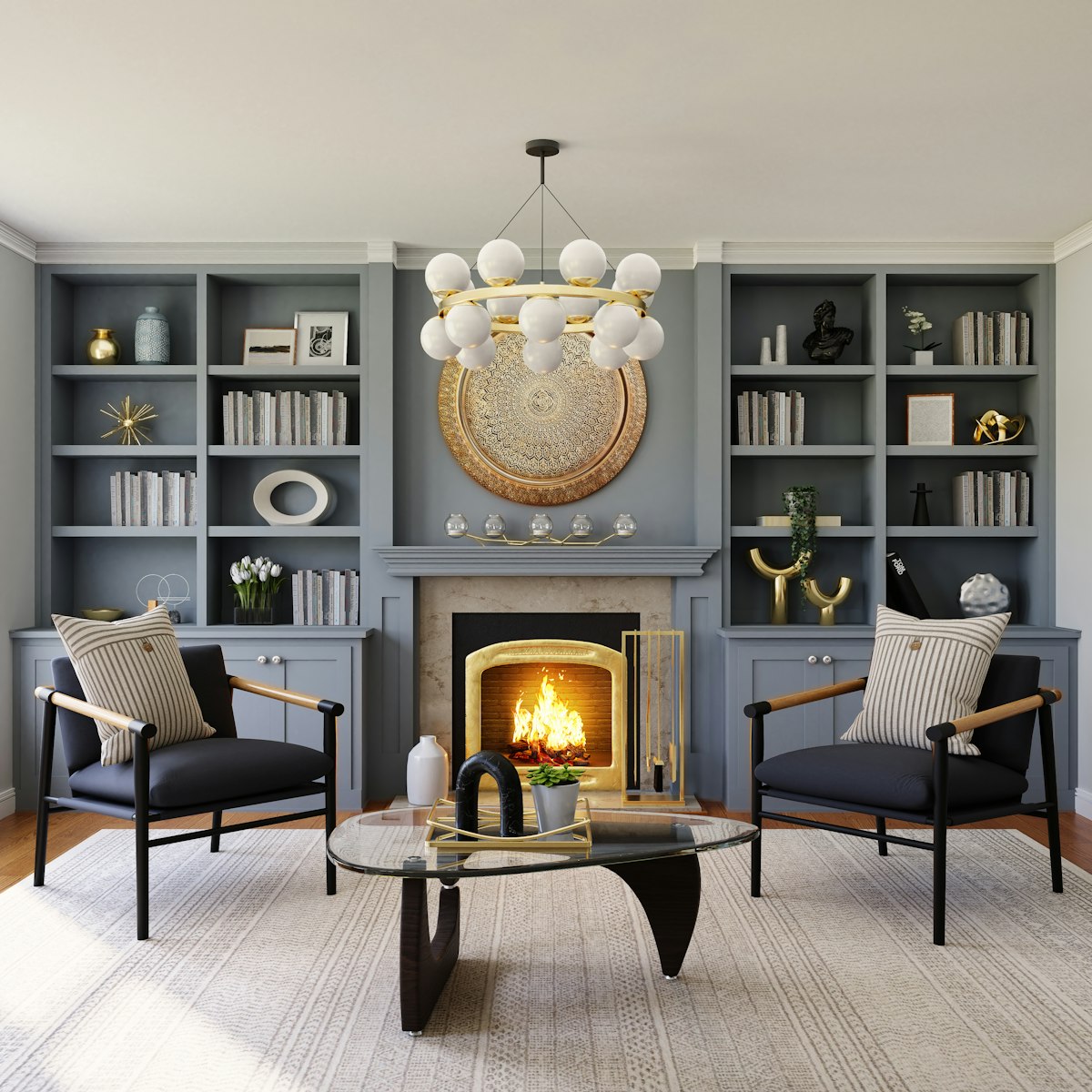 Warm living room with patterned wallpaper
