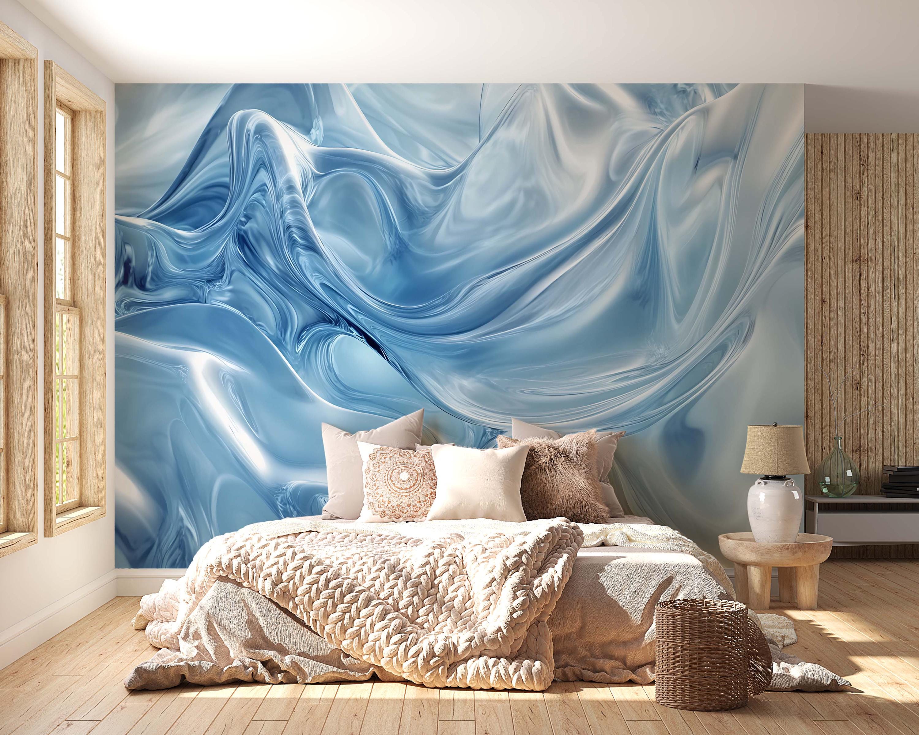 Modern blue wallpaper accent wall in a calm bedroom